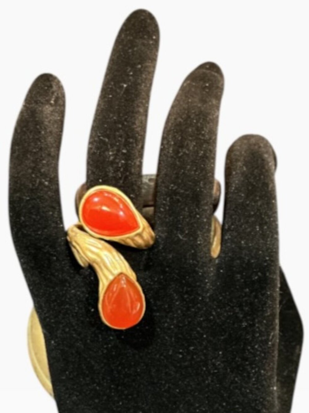 Modern Gold Tone Bypass Ring Red Glass Cabochons Teardrop Statement Size 6.5